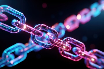Glowing digital blockchain links glowing in blue and pink hues, showcasing modern technology and connectivity