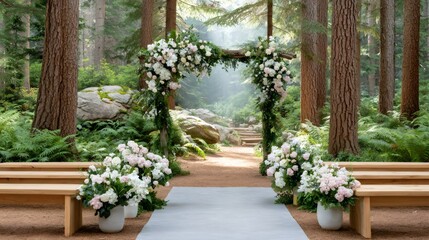 Forest wedding ceremony arch with floral decoration