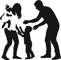 “Silhouette of happy family with parents and children playing together in warm loving moment isolated on white background”