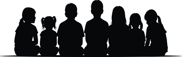 “Silhouette of group of children sitting together in row facing forward on white background community teamwork concept illustration”