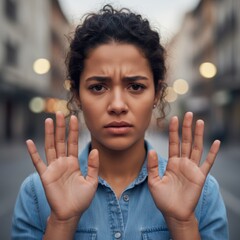 Serious young woman raises hands in stop gesture, looking directly