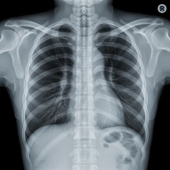 Medical human chest x-ray scan displaying ribs, lungs, and heart