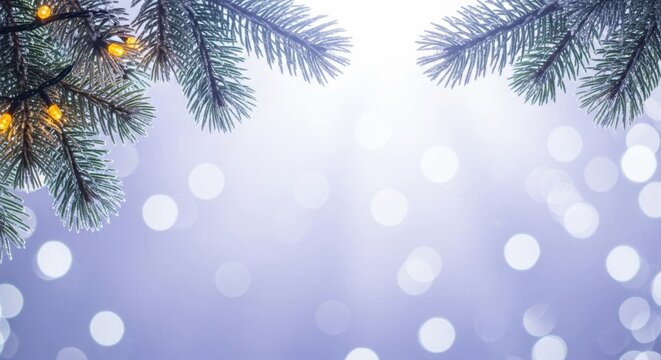 Festive christmas tree branches with warm fairy lights and soft bokeh background