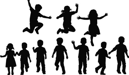 Active children silhouette collection jumping playing walking, energetic kids movement poses, black isolated illustration for education design and creative projects