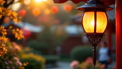 Glowing Lantern with Flowers Serene Outdoor Scene