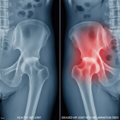 Medical x-ray comparison: healthy vs. inflamed human hip joint