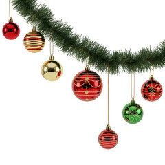 Festive christmas garland with colorful ornaments hanging against a on transparent background