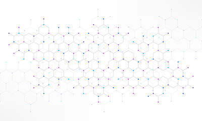 Abstract hexagonal molecular structure with colorful dots on white background