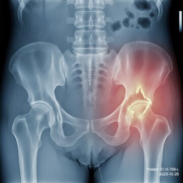 X-ray of human pelvis showing fractured right hip joint injury