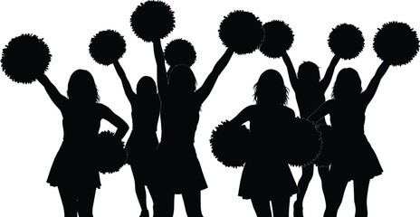 Energetic cheerleader team silhouette performing with pom poms, dynamic cheering group celebration, unity spirit, energetic dance formation