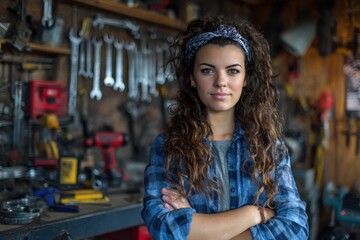 Confident young woman poses in a mechanics workshop surrounded by tools and equipment