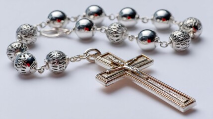 Silver rosary beads and crucifix for prayer and faith