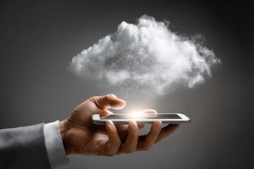 Businessman interacts with smartphone and cloud technology while using a laptop in a modern office environment