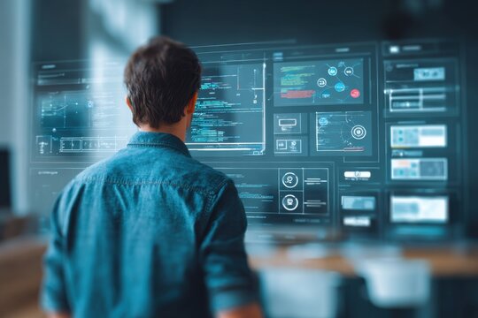 Coding software developer working with advanced technology in a modern office environment during the day