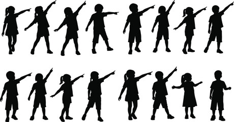 Silhouette children pointing in various playful poses, group of kids showing direction, expressive gesture illustration for creative projects