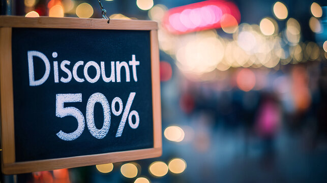 Massive 50% discount promotion sign for retail sale event, holiday shopping season deal - Powered by Adobe