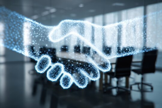 Virtual blockchain technology represented by a glowing hologram handshake in a modern office setting during a business meeting