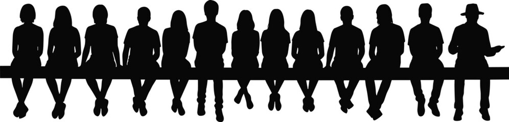 Silhouette group of diverse people sitting on beam, teamwork unity concept, community line figures in minimalist style