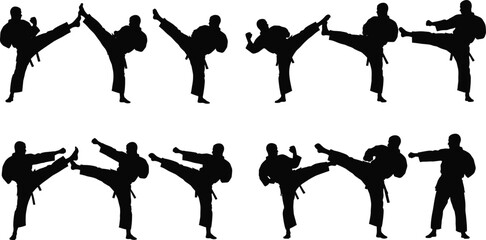 Martial arts silhouette vector, high kick poses, black fighter graphics, karate uniform icons, combat stance illustration, self-defense training clipart © Ideasy Mind