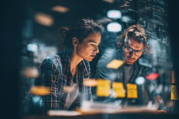 Collaboration among team members in a modern office space during a brainstorming session with sticky notes on a glass board