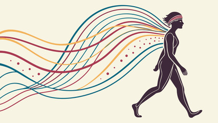 Silhouette of a woman walking with colorful trails isolated on