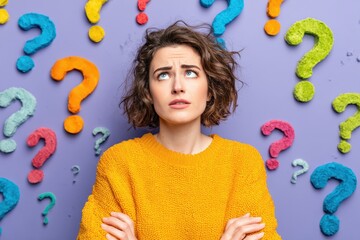 Thoughtful woman with puzzled expression standing against a colorful wall covered in question marks while contemplating her options