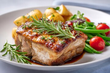 Roast pork belly with potatoes, green beans, and rosemary for dinner