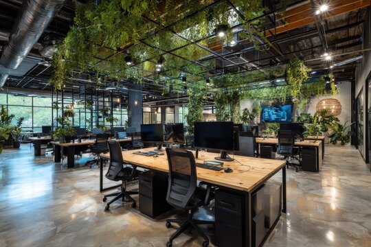 Inspiring coworking space features modern office design with greenery and large workstations encouraging collaboration and productivity in a vibrant atmosphere