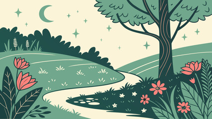 Fototapeta premium A winding path through a serene landscape under the starry night sky