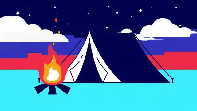 A cozy campsite at night with a tent and a crackling campfire under a starry sky.