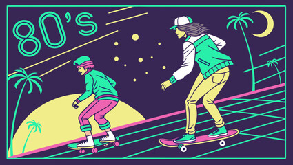 Retro 80s style illustration of two skateboarders under a neonlit sky