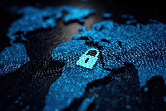 Lock icon representing digital security on world map background highlighted in blue tones emphasizing global data protection and cybersecurity awareness - Powered by Adobe