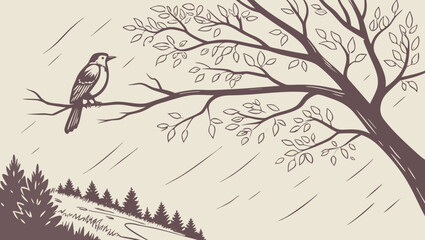 Bird perched on a tree branch in a rainy forest landscape scene