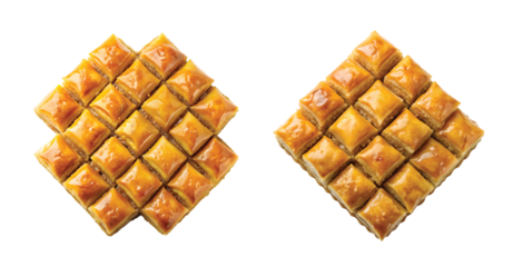 Greek Baklava Diamond Cut: PNG of golden Greek baklava pieces arranged in diamond pattern with syrup glistening.