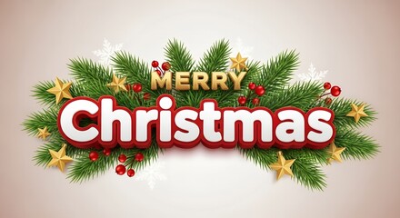 Festive merry christmas text with fir branches red berries and golden stars on a light background