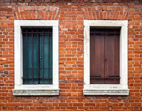 Two rectangular windows with diverse features on a brick facade