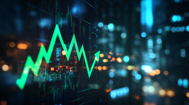 Rising stock market graph with an upward trend shows financial investment growth success