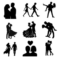 Lovers silhouette icons depicting couples in affectionate poses, minimal and elegant, perfect for romance-themed designs.