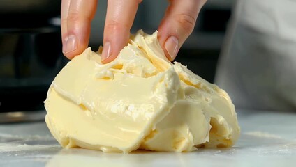 Extremely detailed high resolution 4K macro close up stock footage showcasing smooth rich creamy yellow texture solid block butter perfectly positioned ready immediate use various cooking baking
