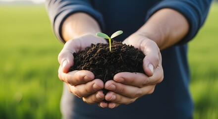 A close-up image of hands gently holding rich soil with a young green seedling sprout growing from it. The photo symbolizes growth, sustainability, environmental care, agriculture, nature conservation