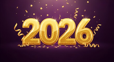 Golden balloons forming the year 2026 with falling confetti and streamers on a dark purple background
