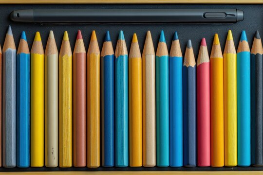 Colorful pencils arranged neatly next to a stylus on a drawing tablet with a top view perspective in a creative workspace