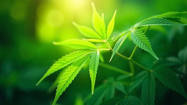 Vibrant green cannabis leaves swaying gently in a breeze, bathed in sunlight, perfect for natural medicine or alternative wellness videos