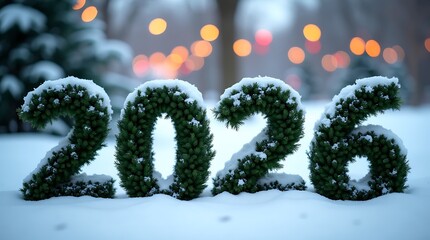 Snow covered 2026 numbers in a winter wonderland with bokeh lights