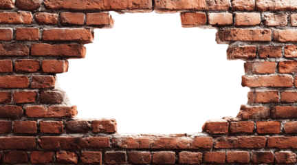 Red brick wall with large hole in center isolated on transparent background