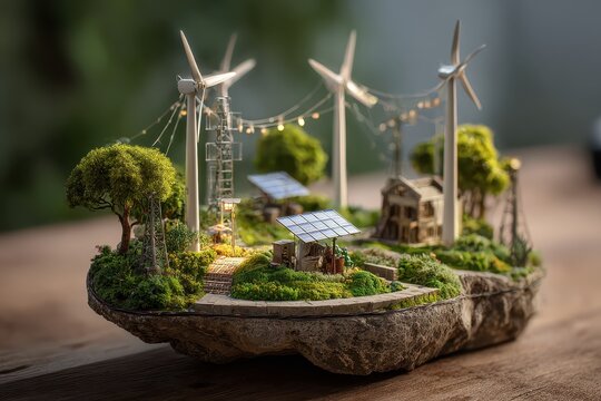 Miniature renewable energy farm showcases wind turbines and solar panels surrounded by lush greenery in a creative setting - Powered by Adobe