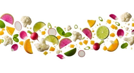 Colorful assortment of fresh chopped vegetables and fruits on black background