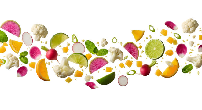 Colorful assortment of fresh chopped vegetables and fruits on black background