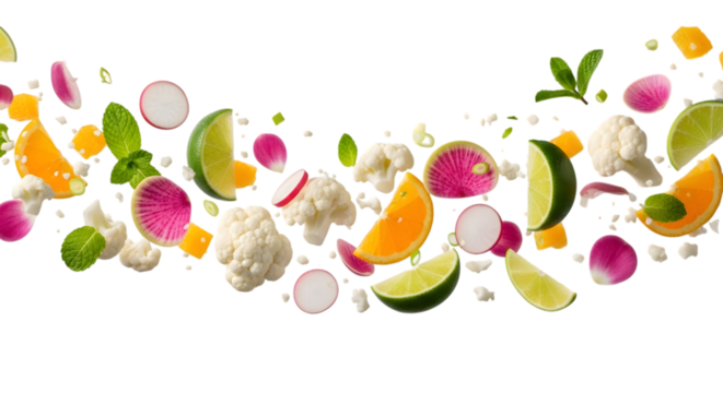 Colorful fresh vegetables and fruits flying in a curved pattern against black background