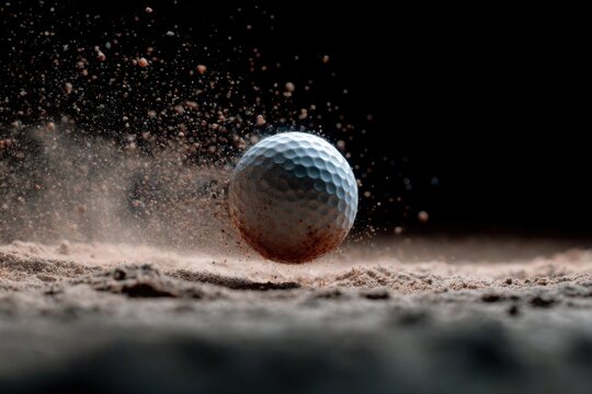 Dynamic closeup of a golf ball soaring through the air after being struck from sand in a dramatic moment during an evening golf game